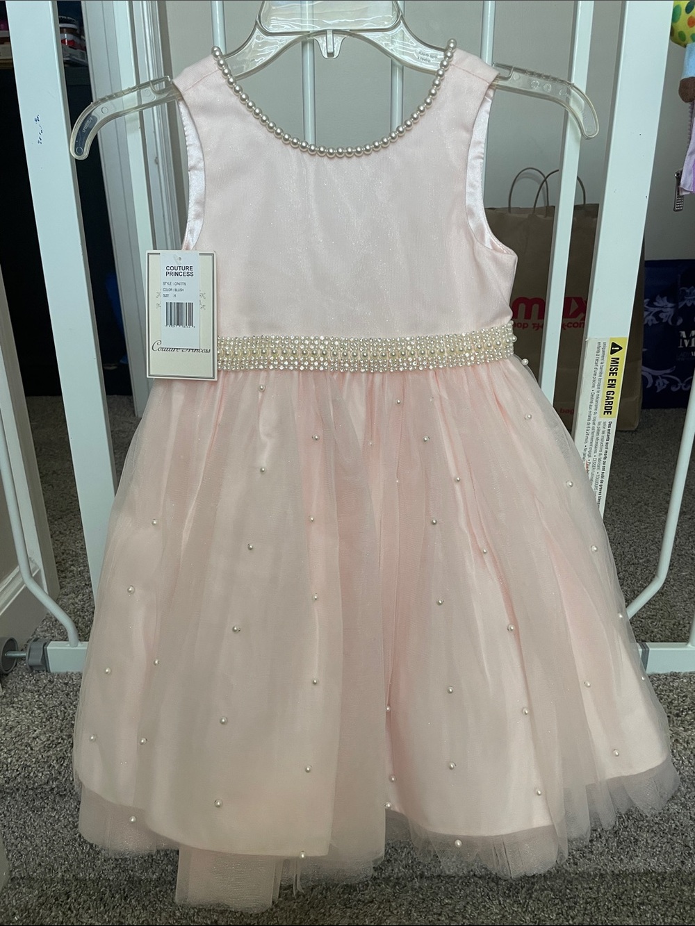 Girls' Blush Pink Pearl-Embellished Tulle Dress